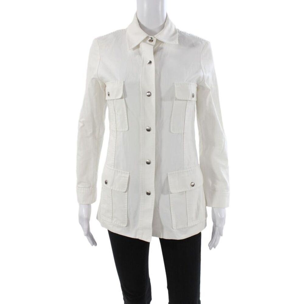 Celine Women White Cotton Military Jacket Snap Long Sleeve Size 36